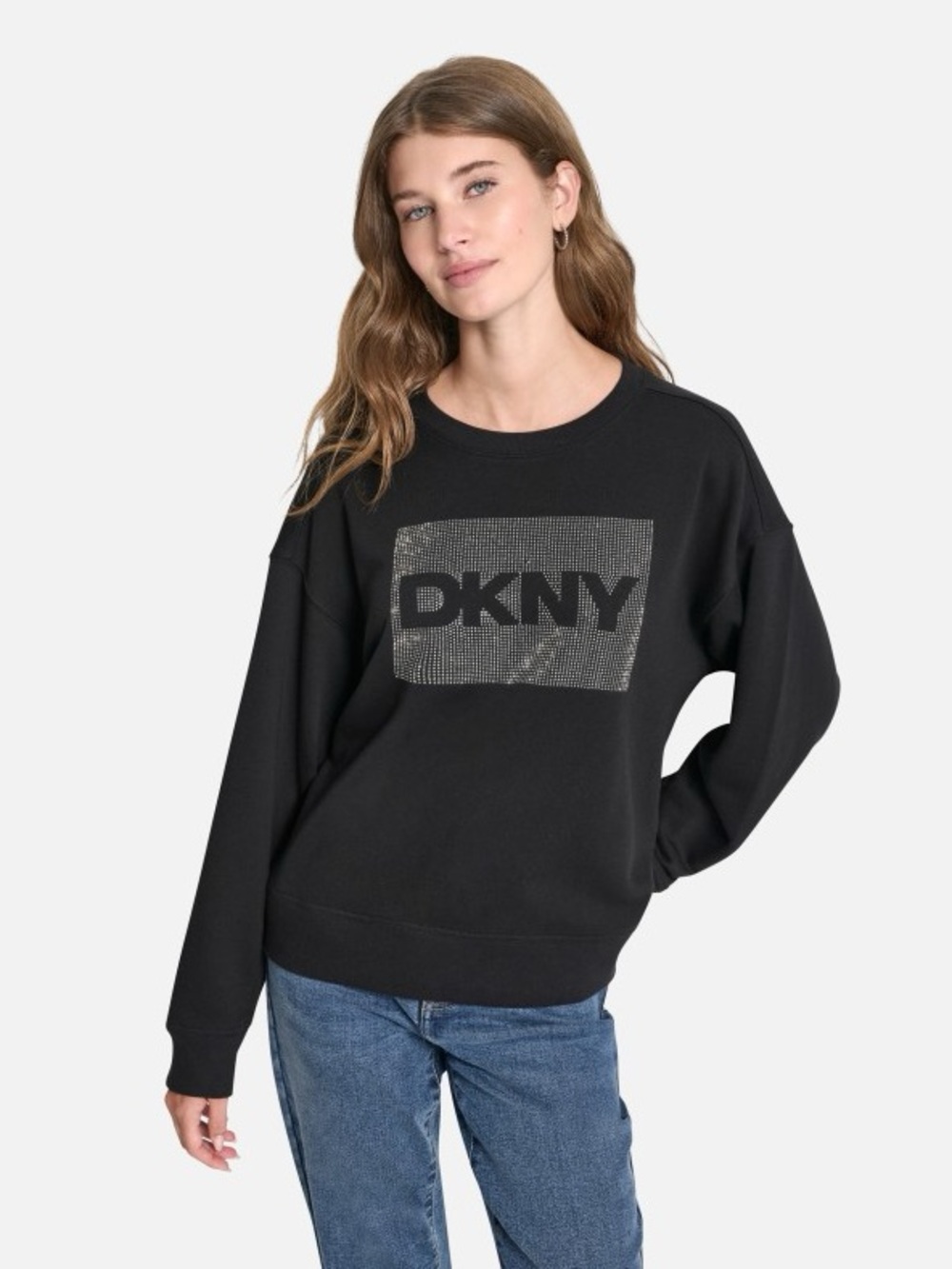 DKNY Black Crewneck Sweatshirt with Rhinestone Logo